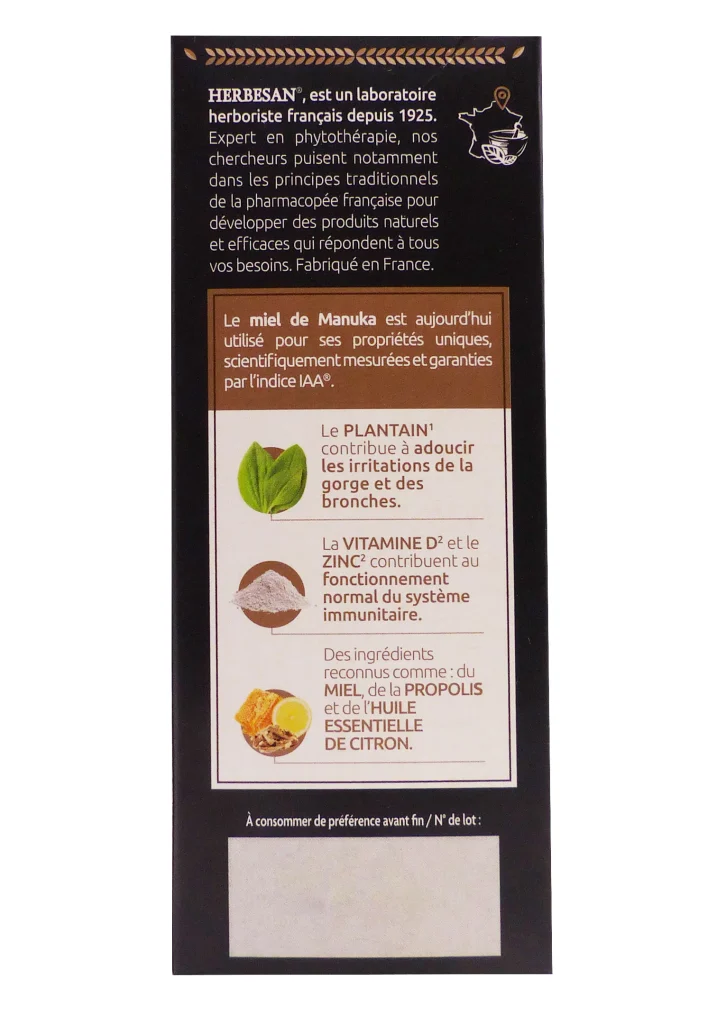 HERBESAN SOLUTION BUVABLE GORGE ET BRONCHES AU MIEL DE MANUKA 100ML 3 dos herbesan sirop pack