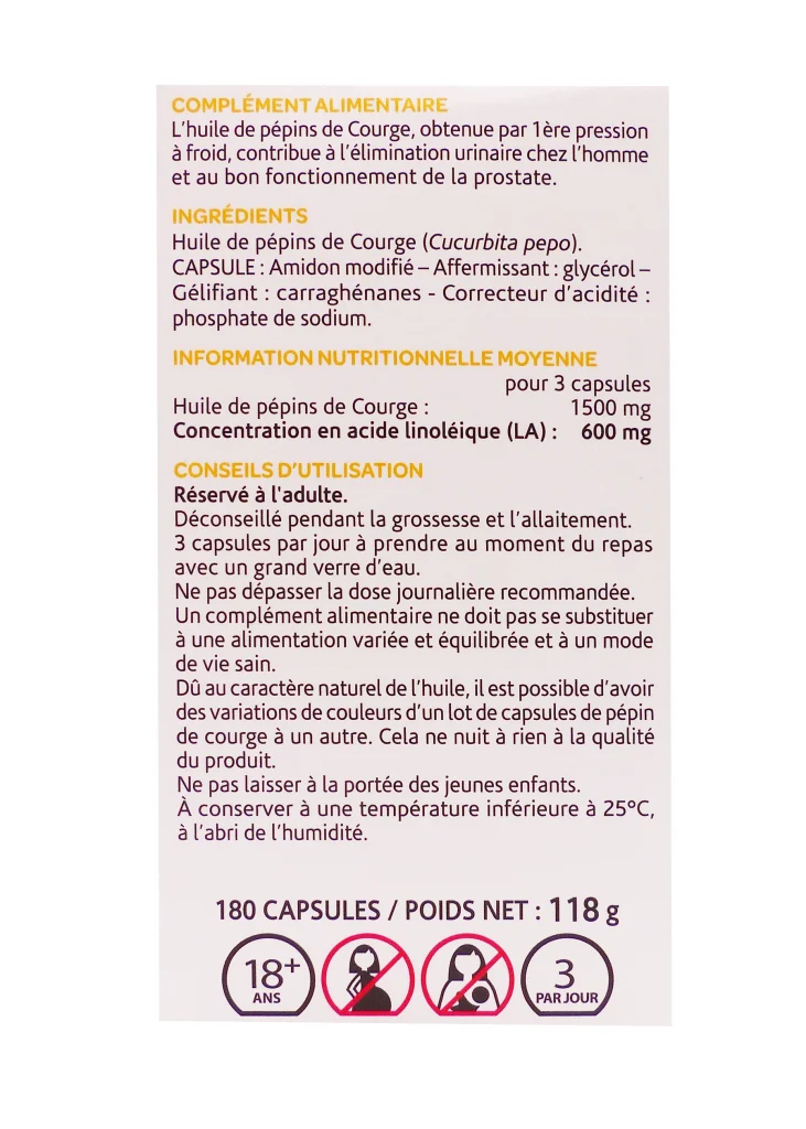 ARKOGELULES HUILE DE PEPINS DE COURGE BIO 180 CAPSULES 3 dos huile de pepin de courge