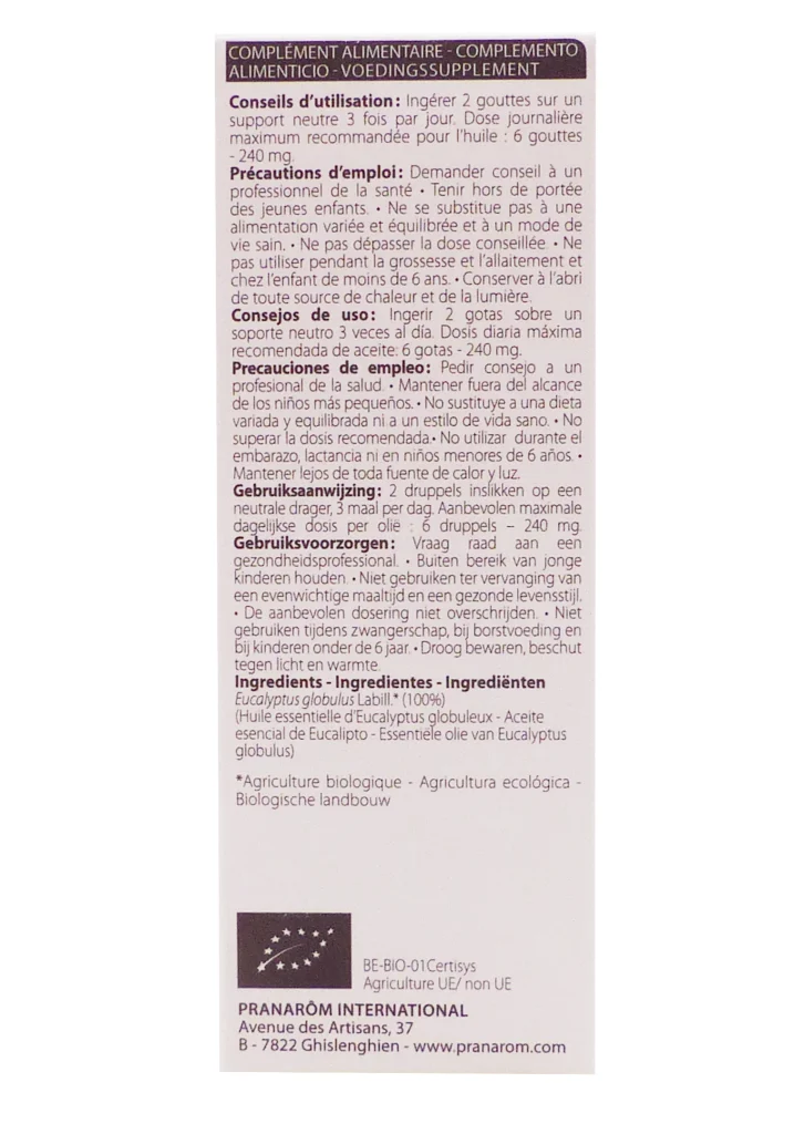 PRANAROM HUILE ESSENTIELLE BIO EUCALYPTUS GLOBULEUX 10ML 4 dos huile essentielle pranarom