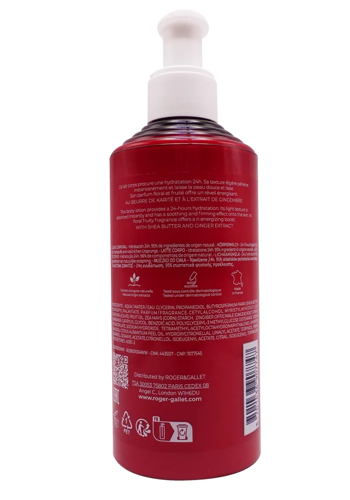 ROGER & GALLET LAIT CORPS BIENFAISANT GINGEMBRE ROUGE 250ML 3 dos lait corps gingembre rouge