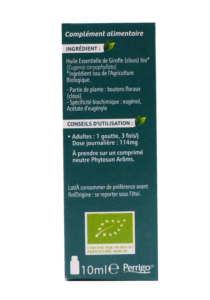 PHYTOSUN ARÔMS HUILE ESSENTIELLE CLOU DE GIROFLE BIO 10ML 3 dos packaging dos