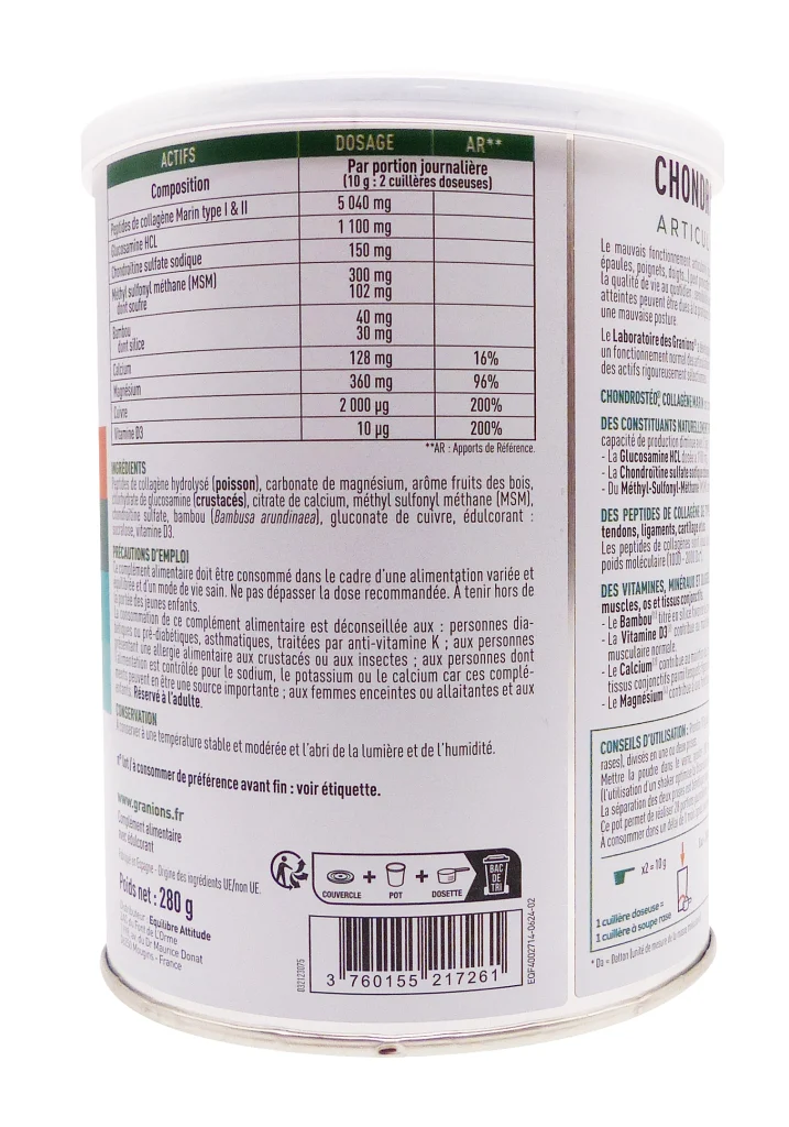 CHONDROSTEO+ ARTICULATIONS COLLAGENE MARIN POUDRE 280G 3 dos poudre articulations granions