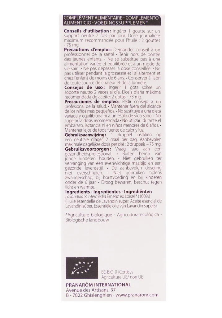 PRANAROM HUILE ESSENTIELLE LAVANDIN SUPER 10ML 4 dos pranarom packaging