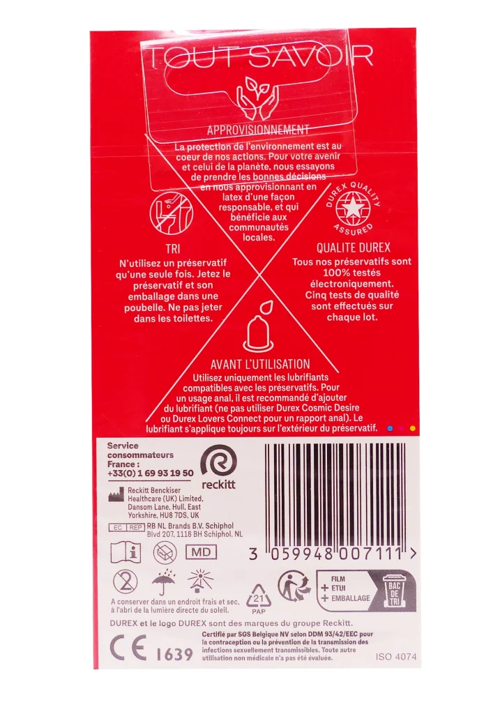 DUREX SEXY FRAISE 12 PRESERVATIFS STANDARDS GOÛT FRAISE 3 dos sexy fraise preservatifs