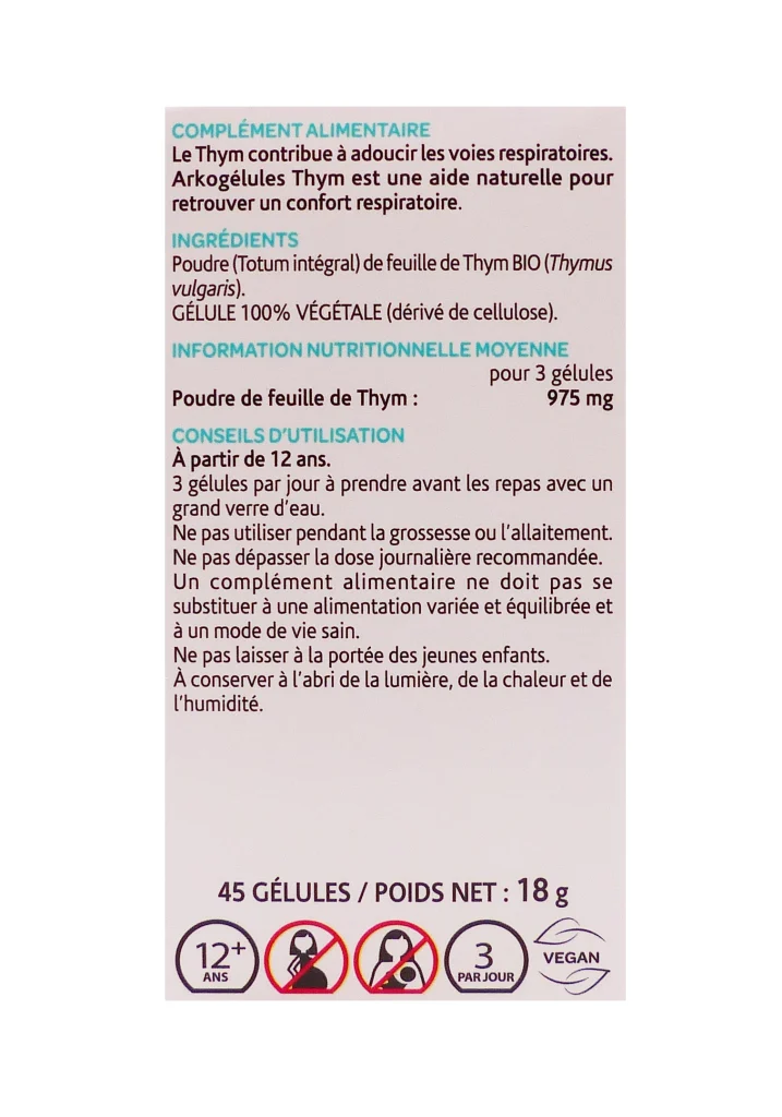ARKOGELULES THYM BIO 45 GELULES 3 dos thym 45 gelules
