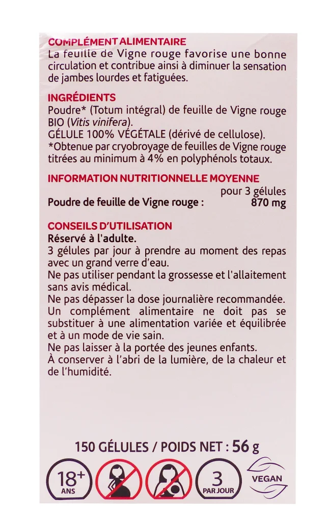 ARKOGELULES VIGNE ROUGE BIO 150 GELULES ARKOPHARMA 3 dos vigne rouge 150 gelules