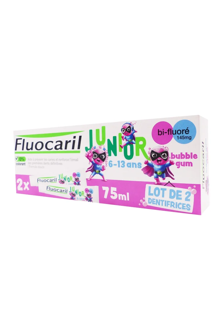 FLUOCARIL JUNIOR DENTIFRICE BUBBLE GUM 6-12 ANS 2X75ML 2 fluocaril junior 6 13ans 75 ml