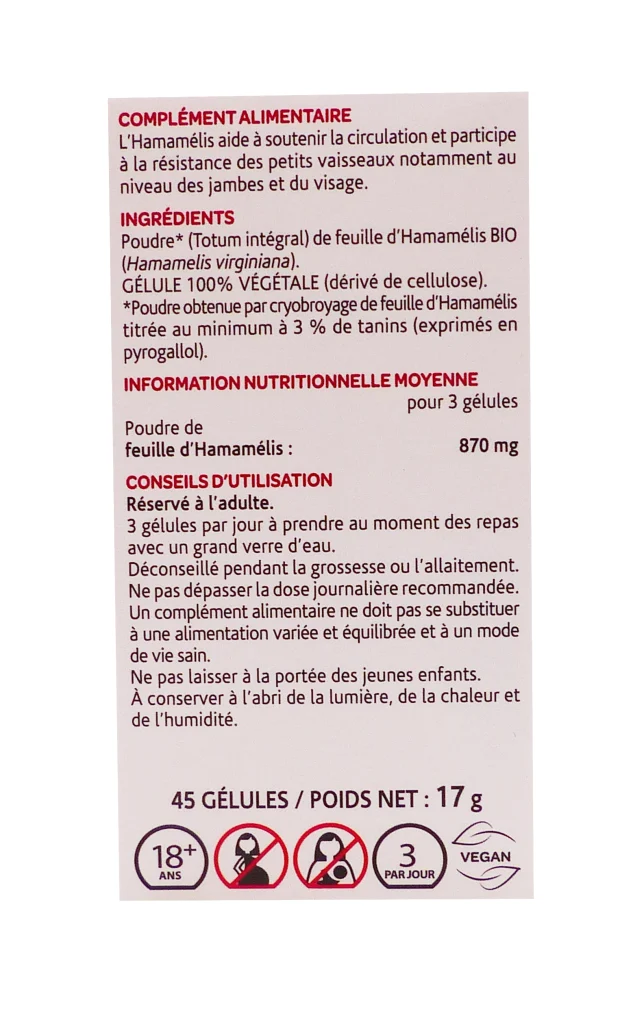 ARKOGELULES HAMAMELIS BIO 45 GELULES ARKOPHARMA 3 hamamelis dos 45 gelules