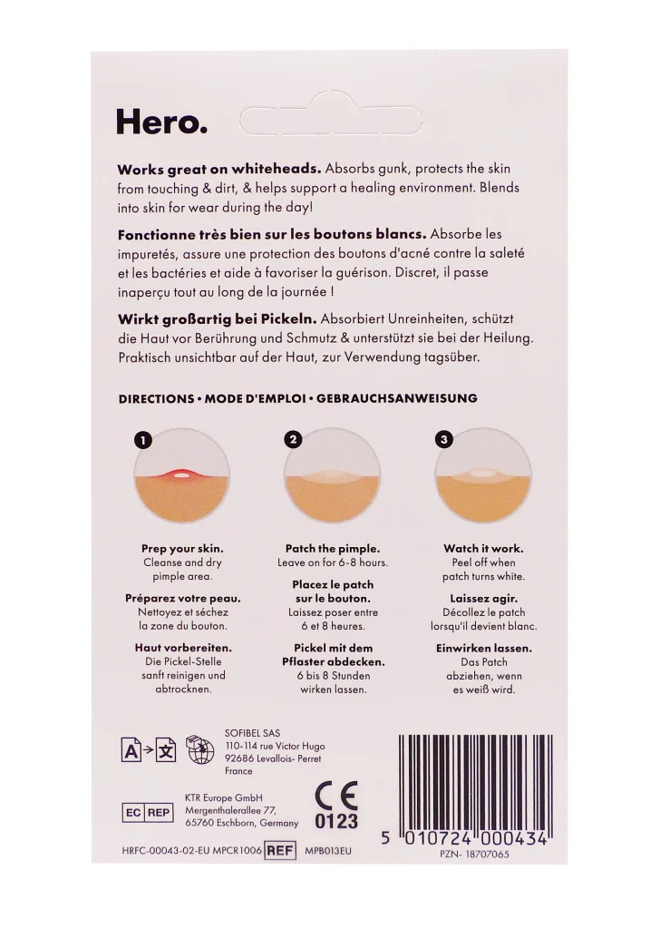 MIGHTY PATCH INVISIBLE+, 24 PATCHS DE JOUR ANTI ACNE 3 hero patchs dos