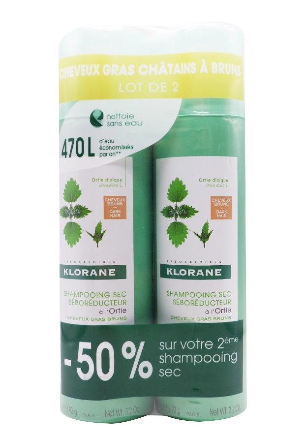 KLORANE SHAMPOOING SEC A L'ORTIE CHEVEUX BRUNS 2X150ML 3 klorane lot de 2 shampoing sec ortie