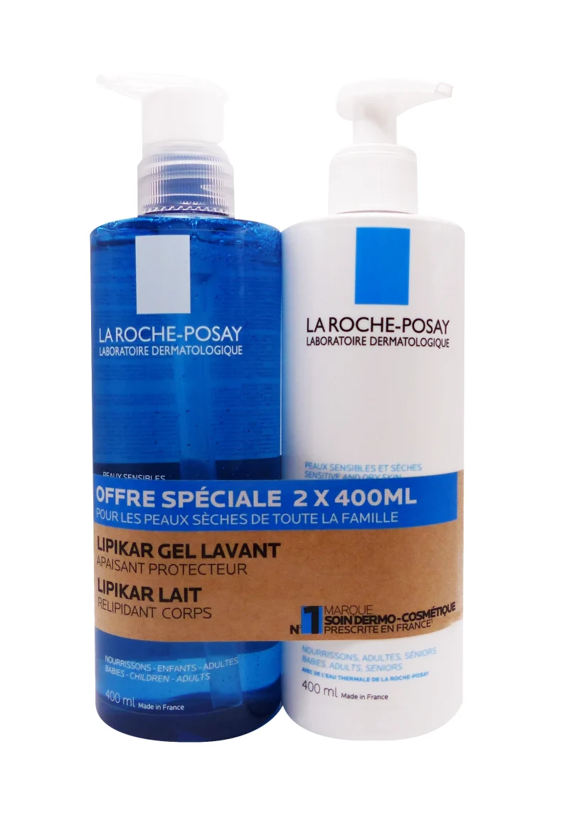 LA ROCHE-POSAY DUO LIPIKAR GEL LAVANT 400ML ET LIPIKAR LAIT CORPS 400ML 2 la roche posay lot gel lavant et lait 400 ml