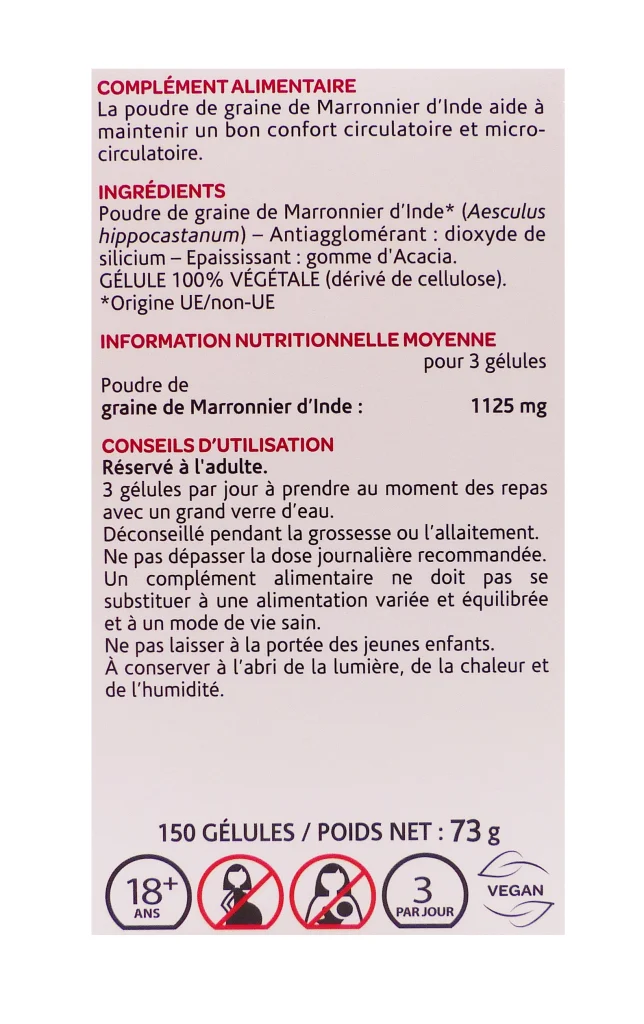 ARKOGELULES MARRONNIER D'INDE 150 GELULES 3 marronnier dinde 150 gelules dos
