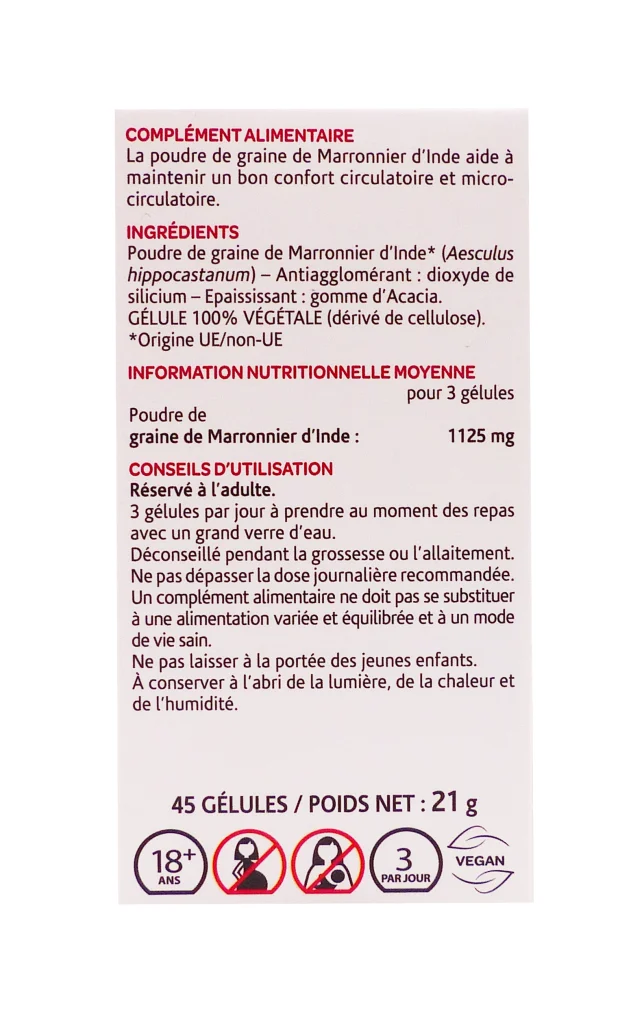 ARKOGELULES MARRON D'INDE 45 GELULES 3 marronnier dinde 45 gelules dos