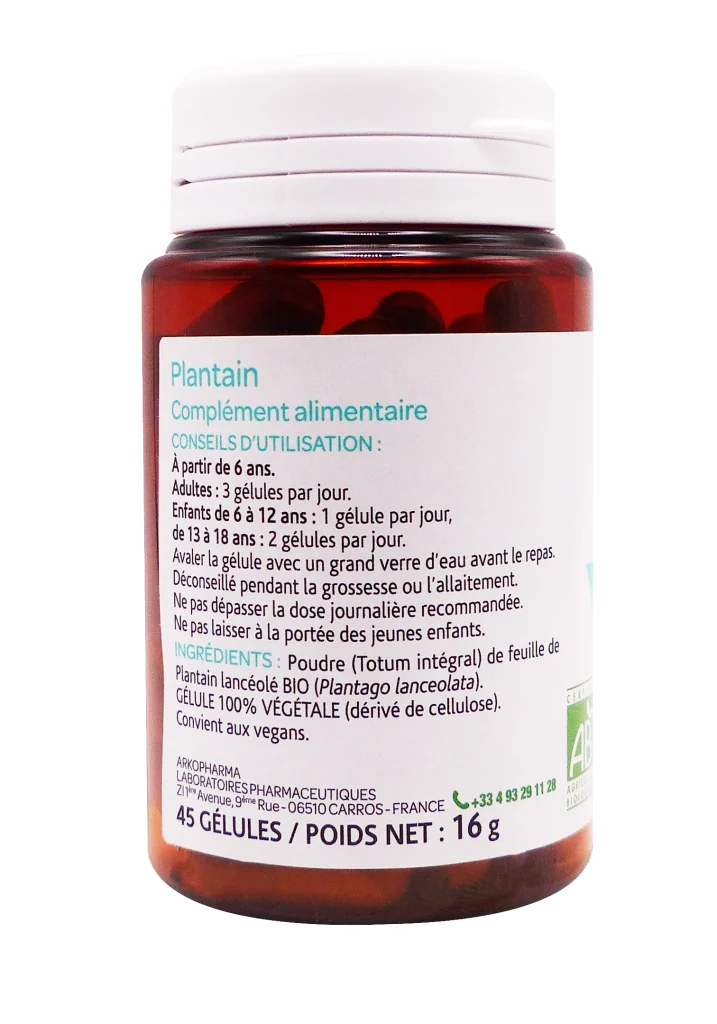 ARKOPHARMA ARKOGELULES PLANTAIN BIO 45 GELULES 5 plantin 45 gelules dos