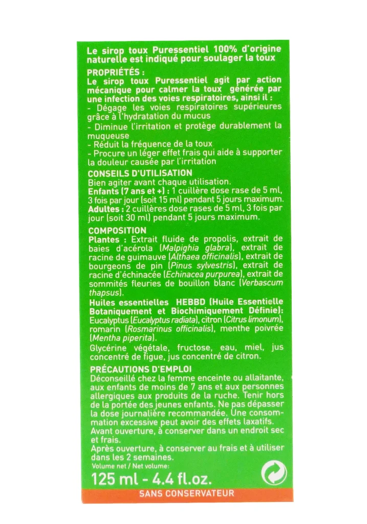 PURESSENTIEL RESPIRATOIRE SIROP TOUX 125 ML 4 sirop toux dos