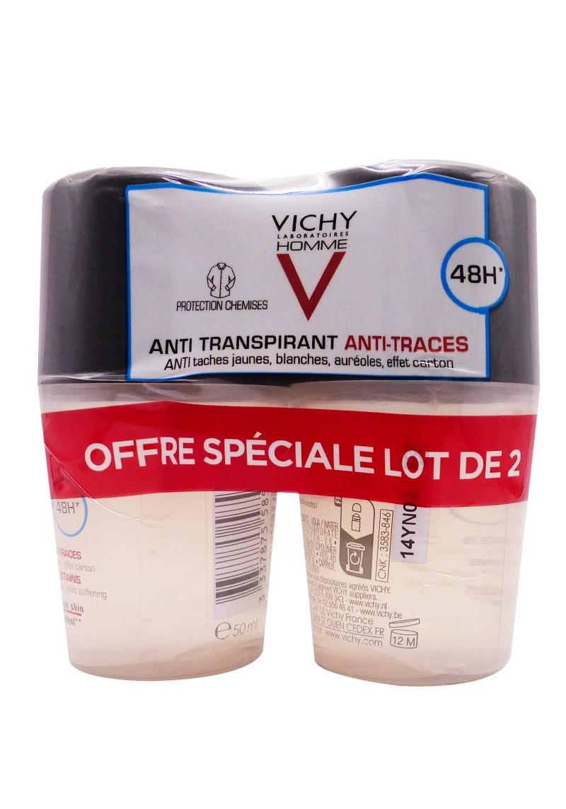 vichy homme anti transpirant anti trace lot de 2 ,50 ml 48h