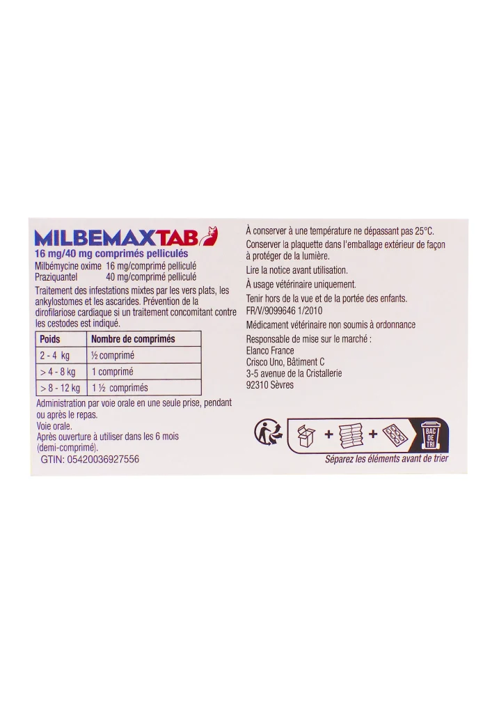 MILBEMAXTAB VERMIFUGE CHIENS SUPERIEUR A 5KG 2 COMPRIMES 3 dos milbemaxtab