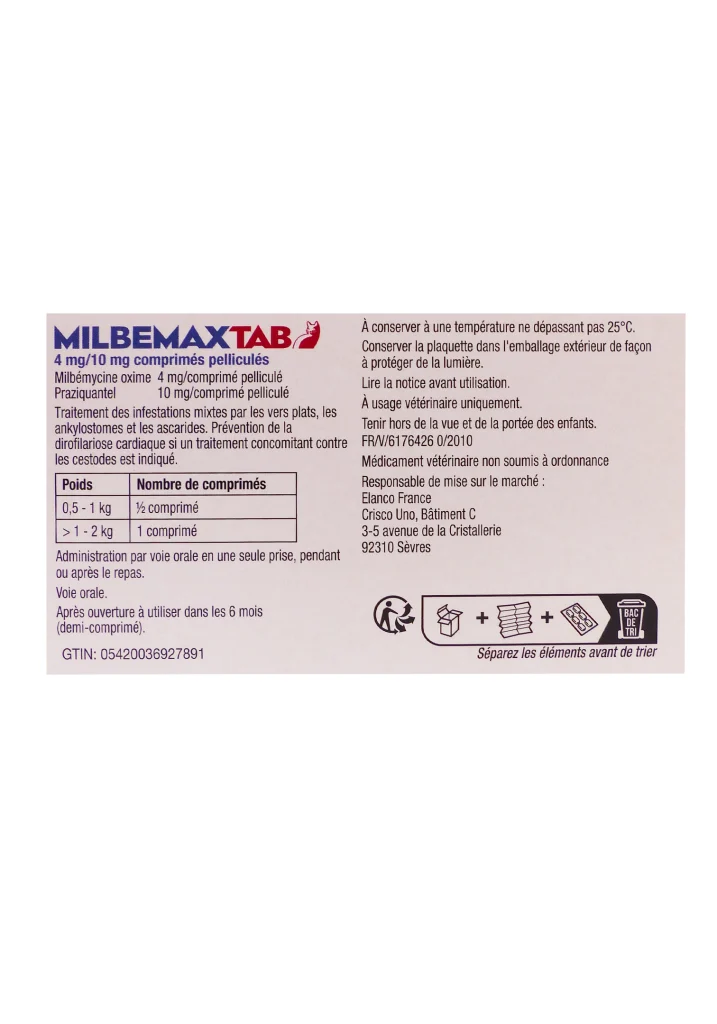 MILBEMAXTAB 4/10MG VERMIFUGE CHATS DE ,5 A 2 KG, 2 COMPRIMES 3 mibemaxtab dos