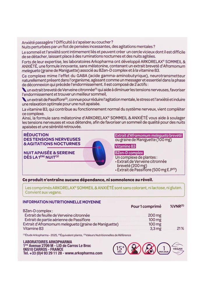 dos arkorelax sommeil et anxiete 30 comprimes