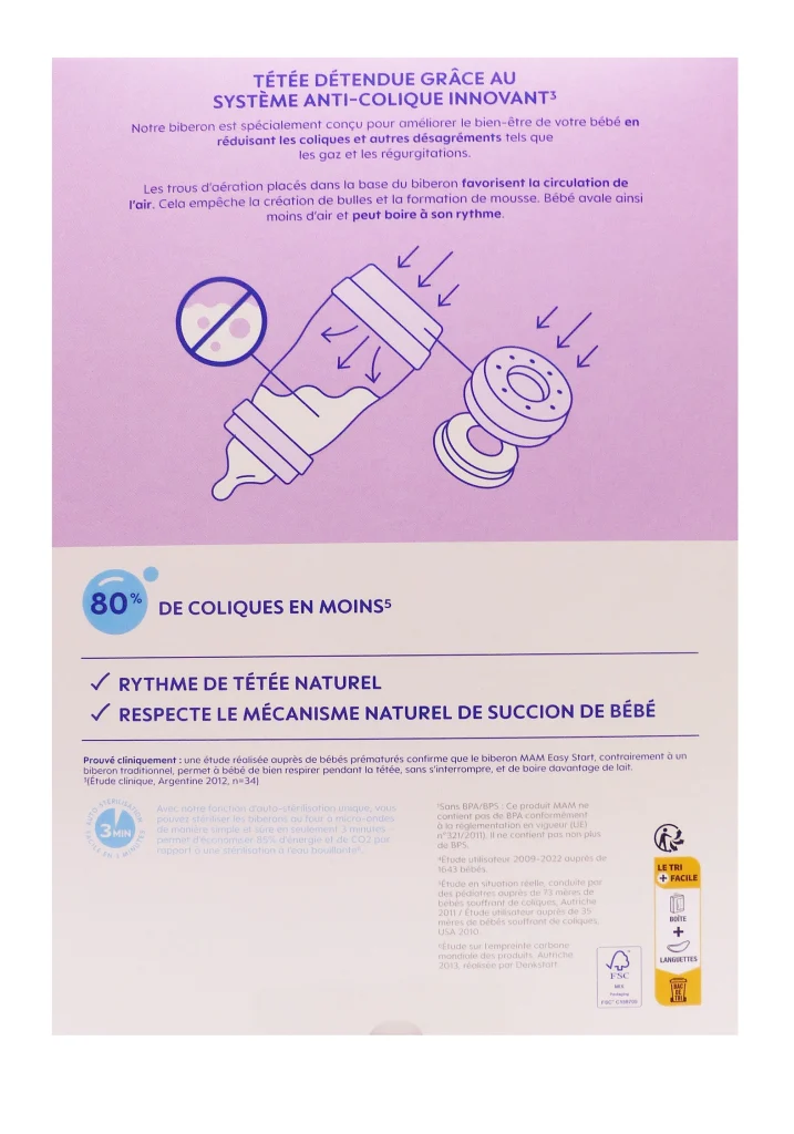 dos biberon anti colique mam lot