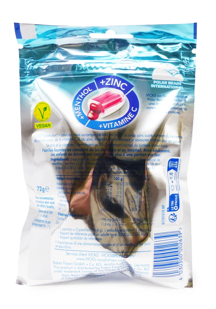 dos bonbons vicks menthol zinc et vitamine c
