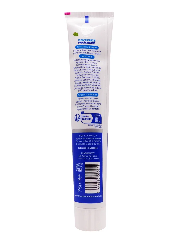 PHARMA SCIENCE DENTIFRICE FRAICHEUR GOÛT MENTHE 75 ML 3 dentifrice fraicheur pharma science dos