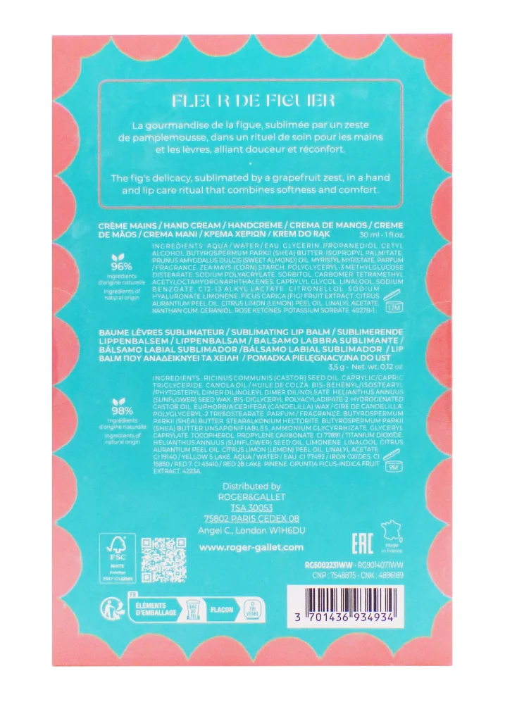 ROGER & GALLET COFFRET FLEUR DE FIGUIER BAUME LEVRES ET CREME MAINS 30 ML 3 dos coffret fleur de figuier roger et gallet