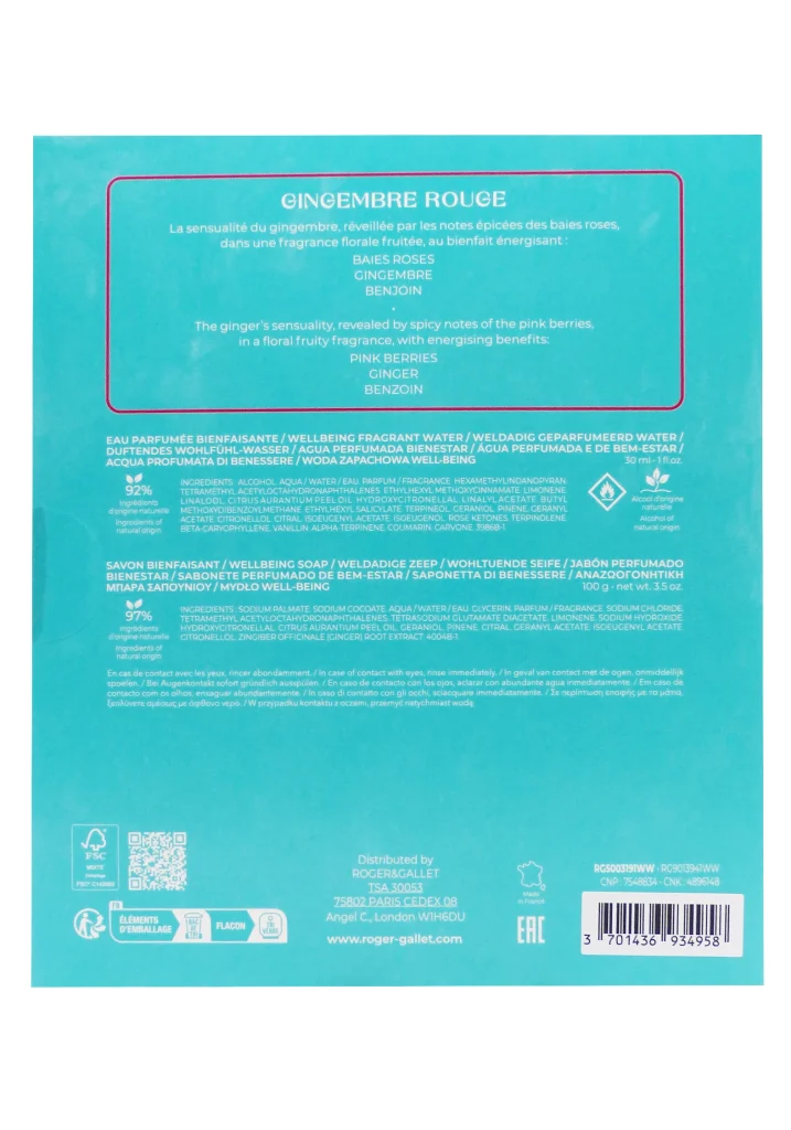ROGER & GALLET COFFRET GINGEMBRE ROUGE EAU PARFUMEE 30 ML ET SAVON 100G 3 dos coffret gingembre rouge