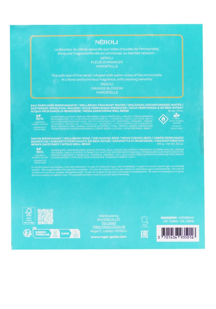 ROGER & GALLET COFFRET NEROLI EAU PARFUMEE 30 ML ET SAVON 100G OFFERT 3 dos coffret neroli roger et gallet