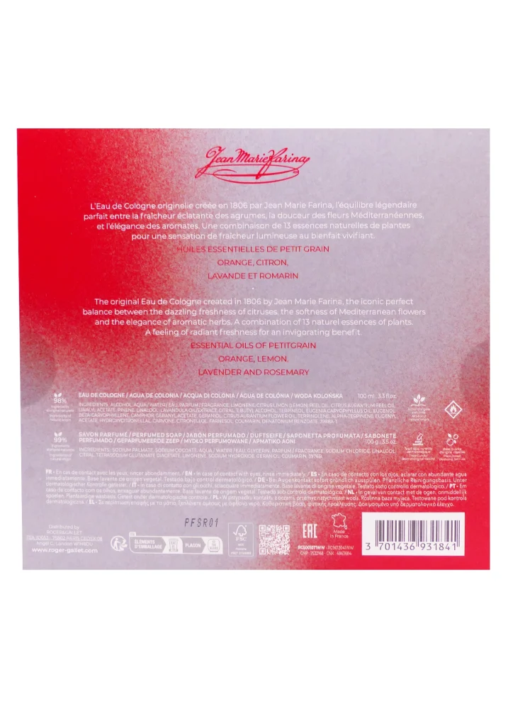 ROGER & GALLET COFFRET JEAN MARIE FARINA EAU DE COLOGNE 100 ML + SAVON OFFERT 2 dos coffret roger et gallet
