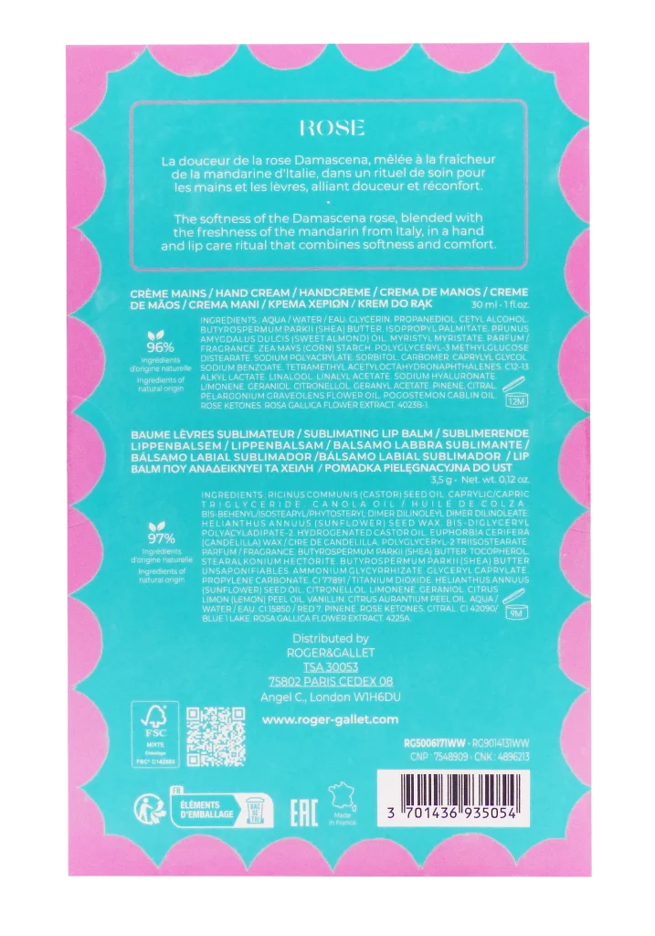 ROGER & GALLET COFFRET DUO ROSE BAUME LEVRES ET CREME MAINS 30 ML 3 dos coffret rose creme mains roger et gallet
