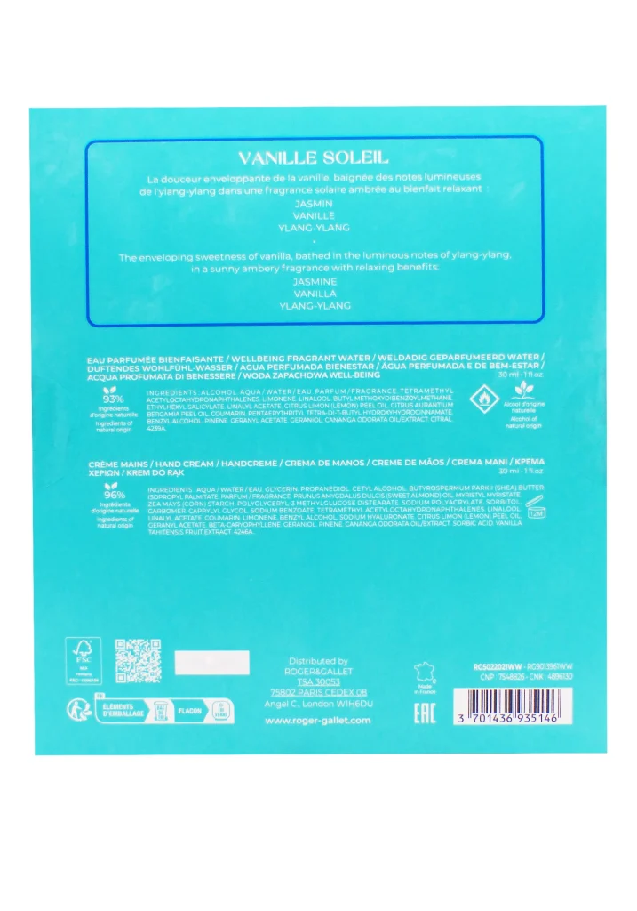 ROGER COFFRET VANILLE SOLEIL EAU PARFUMEE 100ML + DIFFUSEUR OFFERT 3 dos coffret vanille soleil creme mains roger et gallet