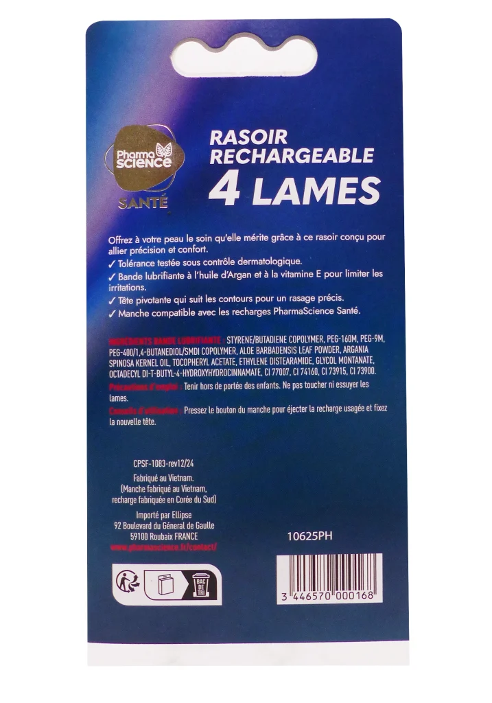 PHARMA SCIENCE 1 RASOIR 4 LAMES RECHARGEABLE HOMME 3 dos rasoirs homme pharma science