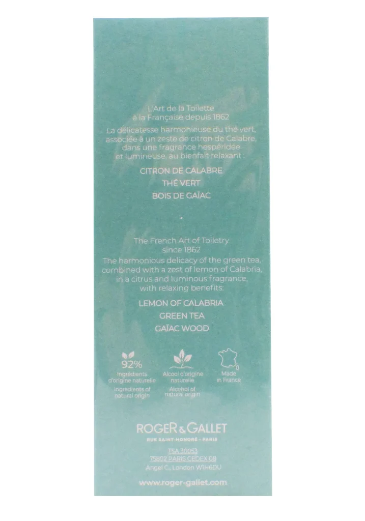 ROGER & GALLET EAU PARFUMEE BIENFAISANTE THE VERT 100ML 3 dos roger et gallet the vert extrait de cologne 100 ml