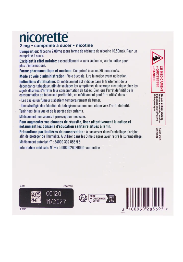 NICORETTE 2MG MENTHE INTENSE SANS SUCRE 80 COMPRIMES 3 nicorette 2mg comprimes dos
