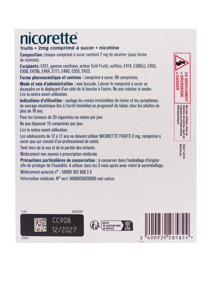 nicorette fruits 2 mg 80 comprimes sans sucre