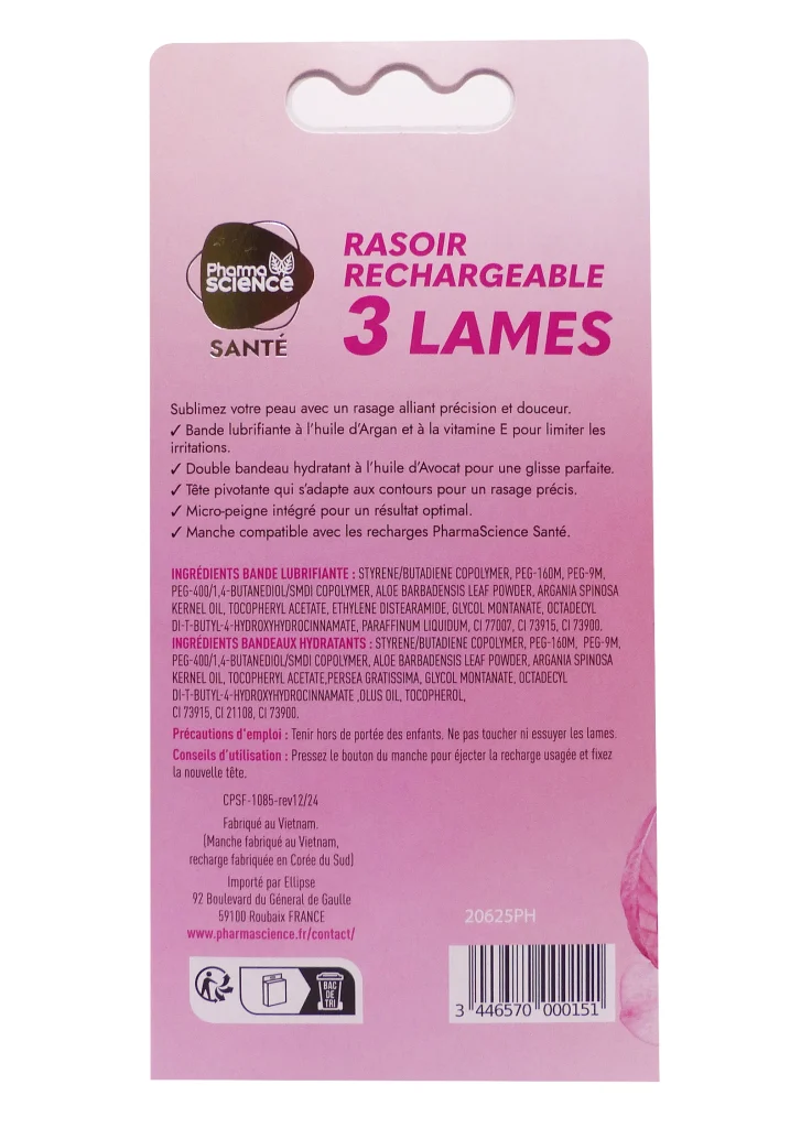 PHARMA SCIENCE 1 RASOIR RECHARGEABLE FEMME 3 LAMES 3 rasoirs rechargeable femmes pharma science dos
