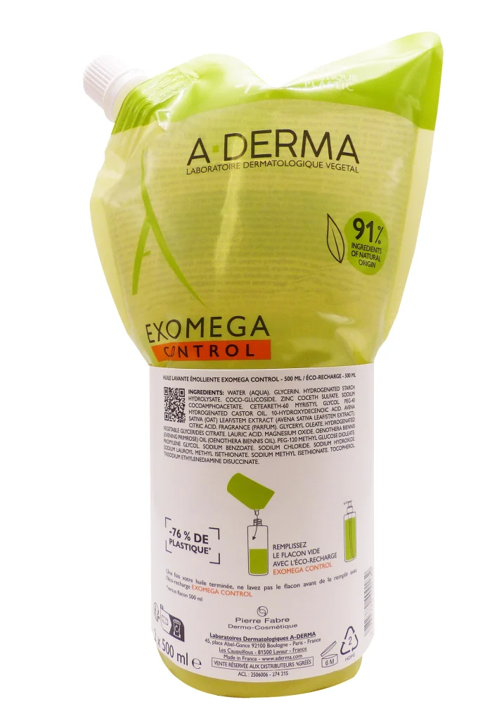 A-DERMA EXOMEGA CONTROL HUILE LAVANTE EMOLLIENTE 500ML + RECHARGE 500 ML 3 aderma exomega dos offre speciale