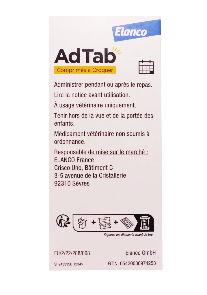 ELANCO ADTAB 450MG 3 COMPRIMES POUR CHIENS >11 A 22KG 3 adteb dos