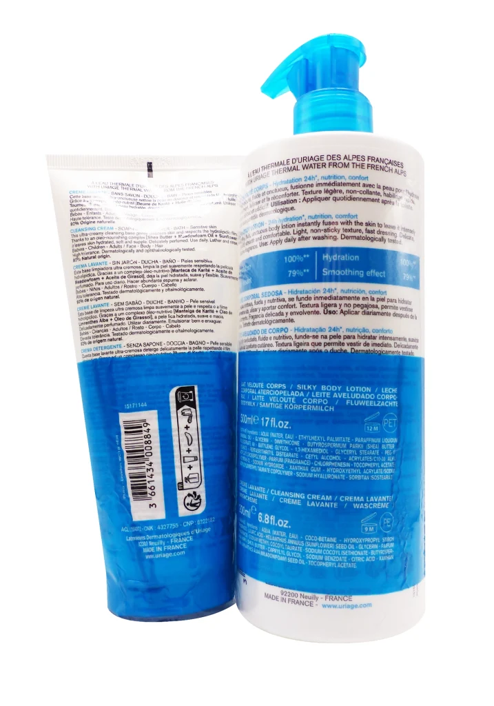 URIAGE LAIT VELOUTE 500 ML ET CREME LAVANTE 200 ML OFFERT 3 dos lot uriage lait et creme