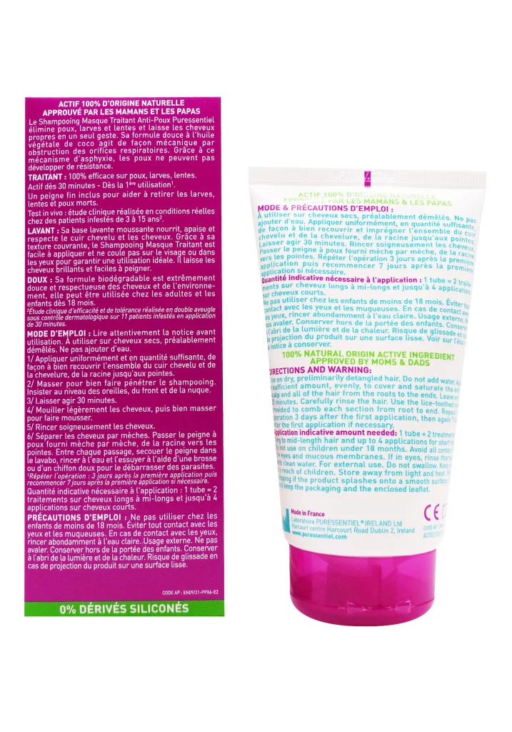 PURESSENTIEL SHAMPOOING MASQUE 2 EN 1 150ML PEIGNE INCLUS 3 dos shampooing masque