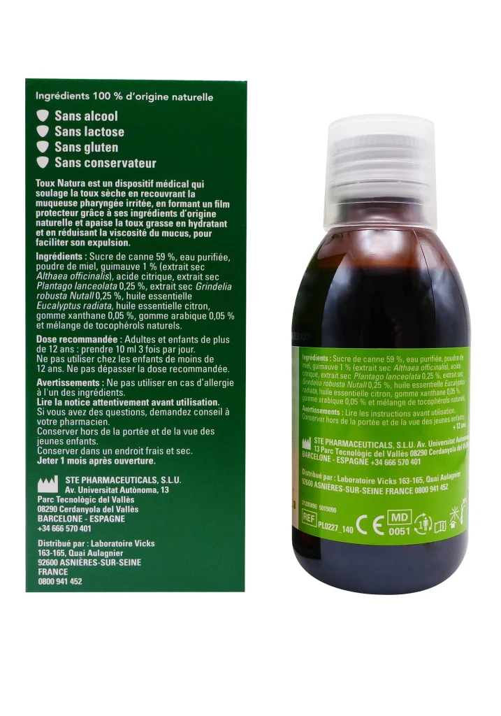 NATURA TOUX SIROP TOUX SECHE & GRASSE GOÛT MIEL 140ML 3 dos sirop vicks adulte miel