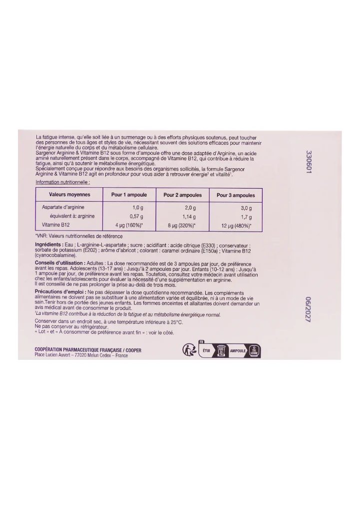 SARGENOR ARGININE & VITAMINE B12, 20 AMPOULES 3 dos sorgenor ampoules