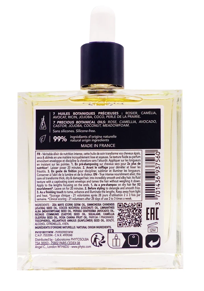 PHYTO HUILE SUBLIMATRICE DISCIPLINANTE CHEVEUX SECS 100ML 3 huile phyto cheveux secs dos 1