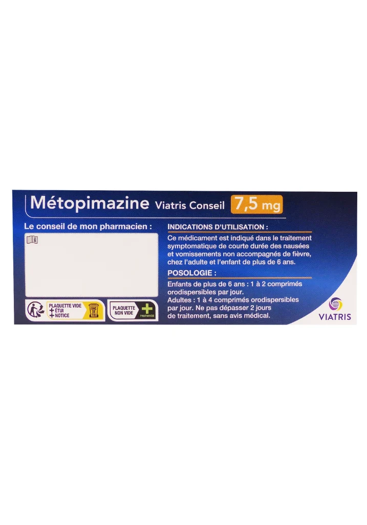 METOPIMAZINE VIATRIS 7,5MG SANS SUCRE 8 COMPRIMES ORODISPERSIBLES ARÔME MENTHE 3 metopimazine 75mg
