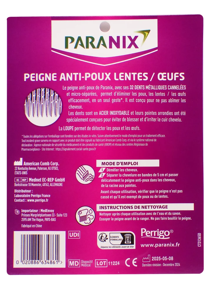 PARANIX 1 PEIGNE 32 DENTS ANTI-POUX LENTES OEUFS 3 paranix dos peigne