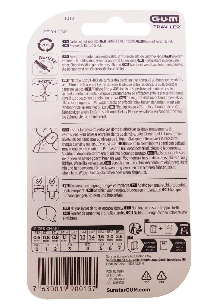GUM TRAV-LER 6 BROSSETTES MAUVES 0.6MM REF :1312 3 dos brossettes 1312