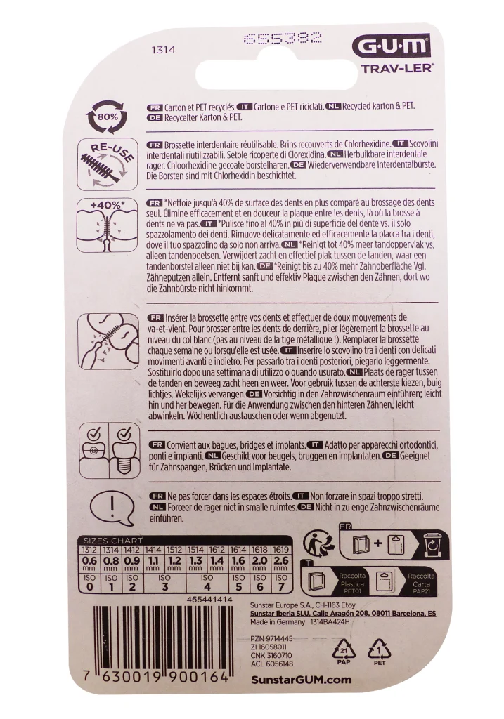 GUM TRAV-LER 6 BROSSETTES 0.8MM ROUGES REF :1314 3 dos brossettes 1314 gum