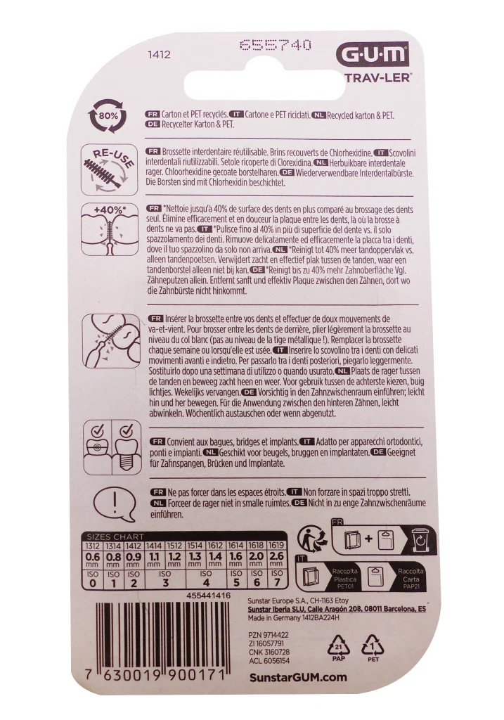 GUM TRAV-LER 6 BROSSETTES 0.9MM ORANGES REF :1412 3 dos brossettes 1412