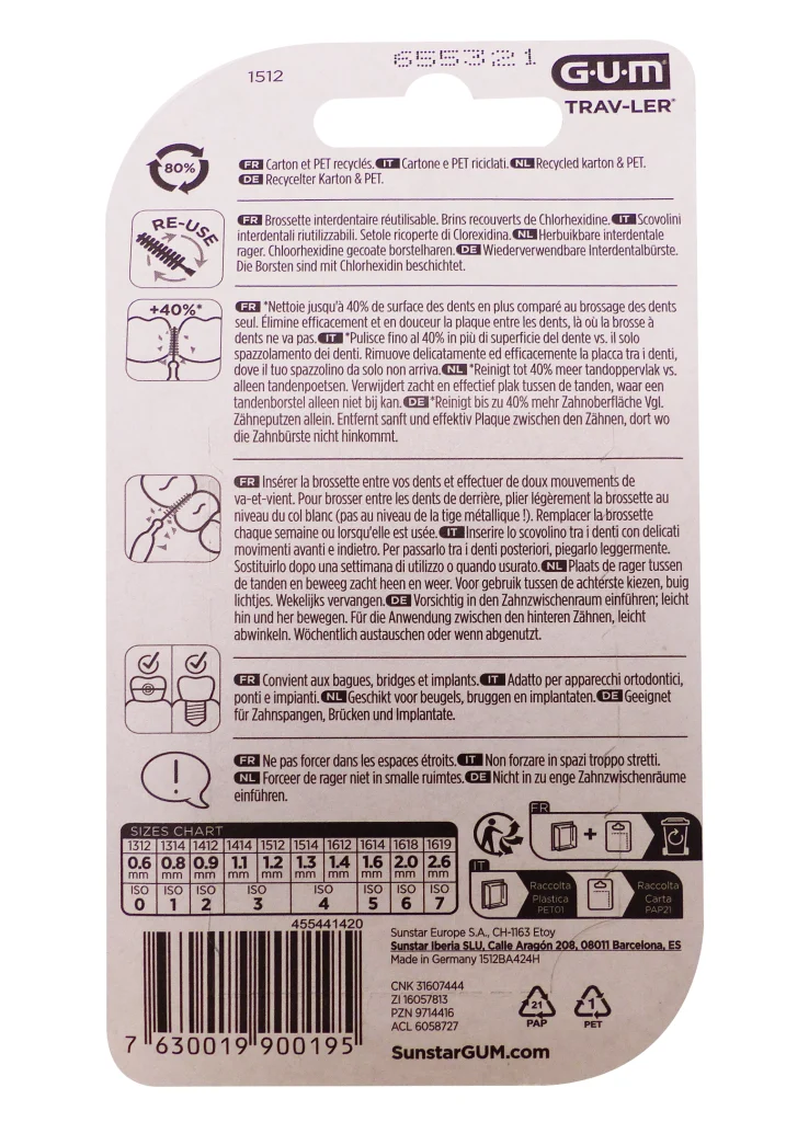 GUM TRAV-LER BROSSETTES INTERDENTAIRES 1.2MM REF : 1512 3 dos brossettes 1512 gum